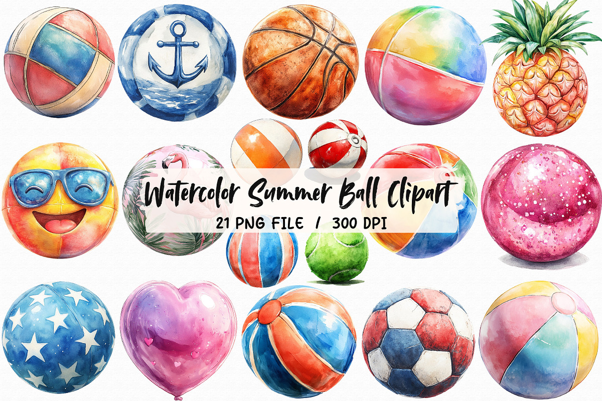 Watercolor Summer Ball Clipart, an Illustration by Libby Wishes (Photo 1 of 5)