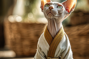 Sphynx cat in kimono meditating on m, a Photo by Pixeness Studio
