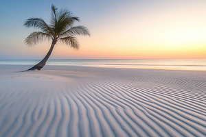Serenity at sunrise on a tranquil beach with gentle waves and a lone palm tree, a Nature Photo by AlyaAnd