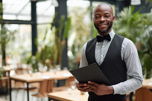 Friendly waiter in modern eatery, a Photo by Beautiful things
