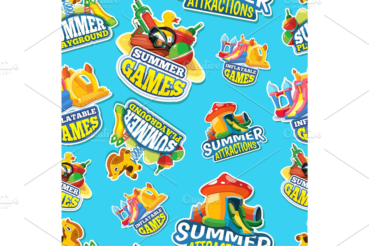 Vector seamless pattern of summer games on inflatable playground, a ...