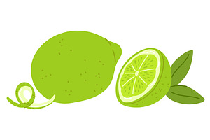 Green lime. Whole fruits and halves, a Food Illustration by Vectorbuum