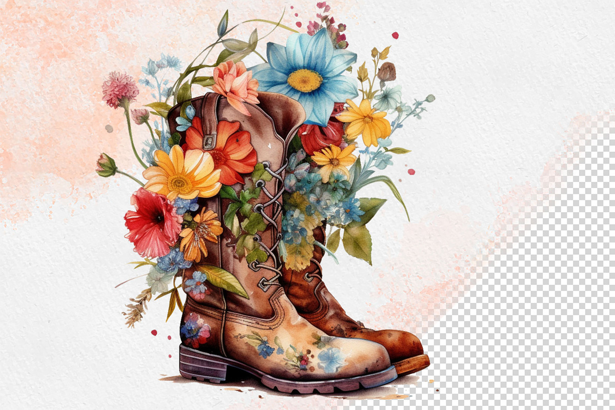Western Flowers Boots Watercolor PNG, an Object Illustration by iloveTemplate (Photo 3 of 14)