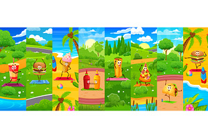 Fast food characters on yoga, a Food Illustration by Vector Tradition