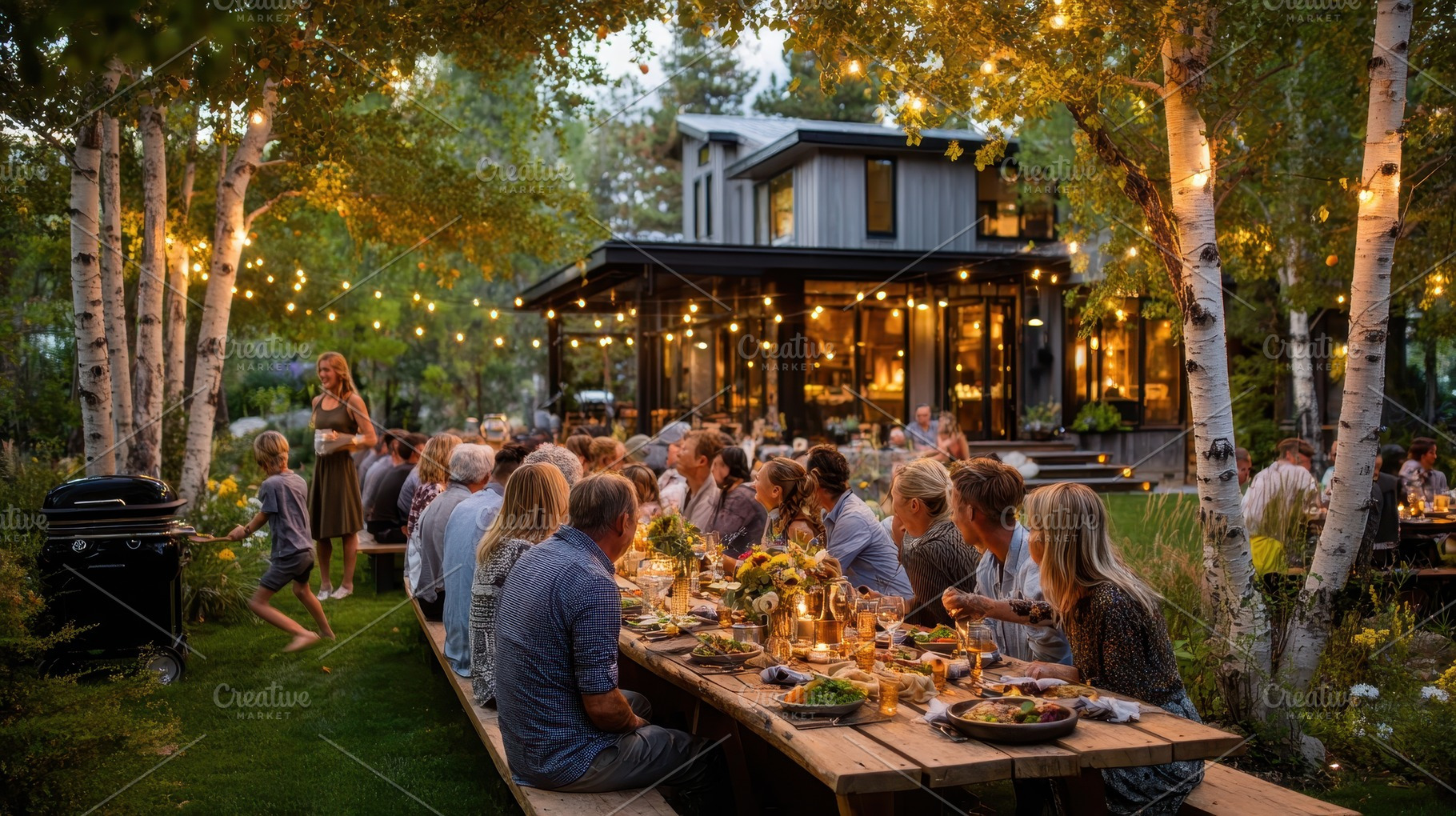 Large family dinner party outdoor ru, a Photo by Pixeness Studio