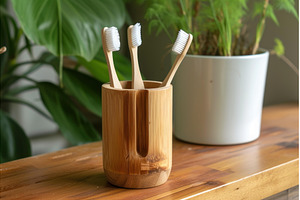 Bamboo toothbrush holder banner, a Background Photo by Ylivdesign