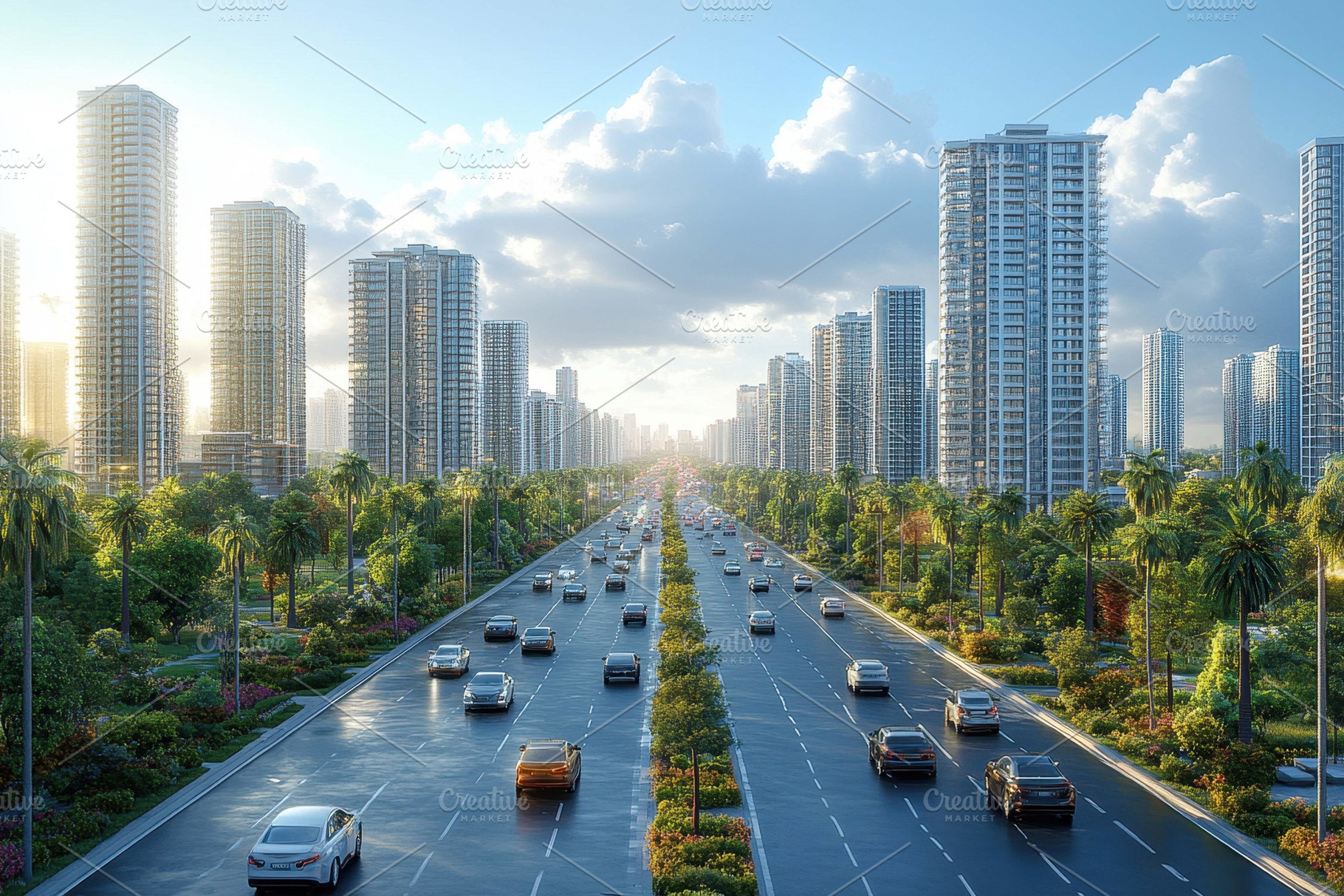 Modern cityscape with palm-lined ave, a Photo by Tanuart