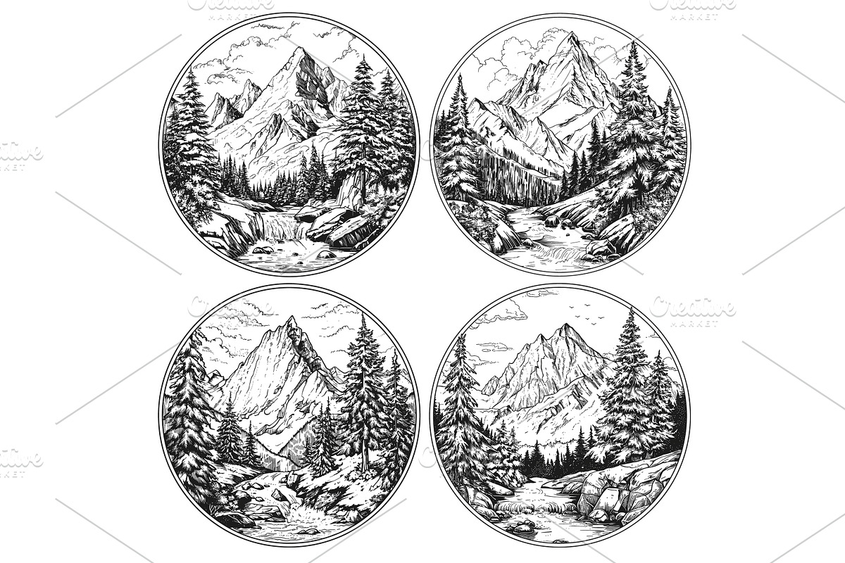 Mountain Logo in Circle Engraving, an Illustration by LadadikArt