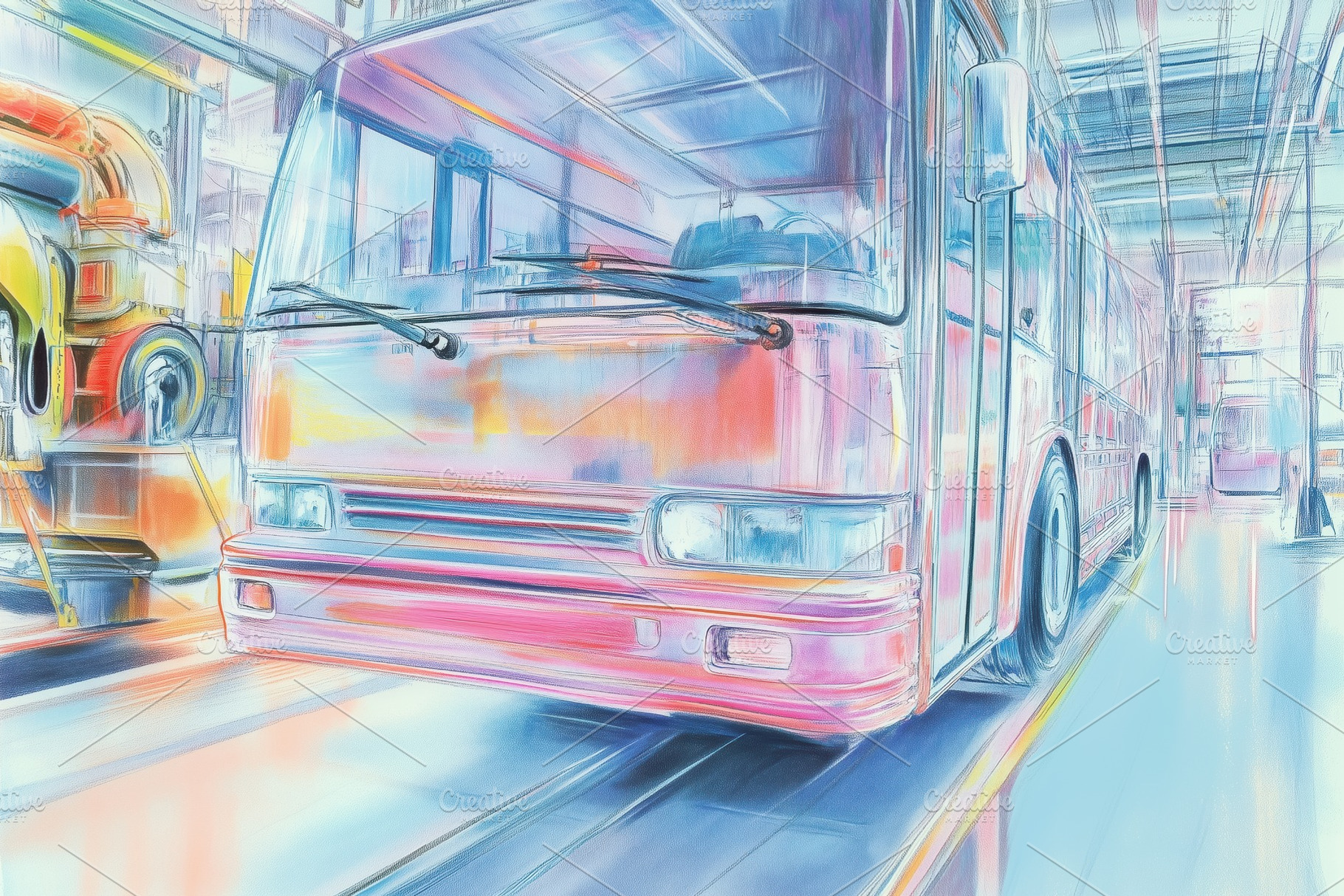 A colorful, artistic rendering of a bus in a garage, showcasing vibrant hues an, an Arts & Entertainment Photo by Textures & Backgrounds