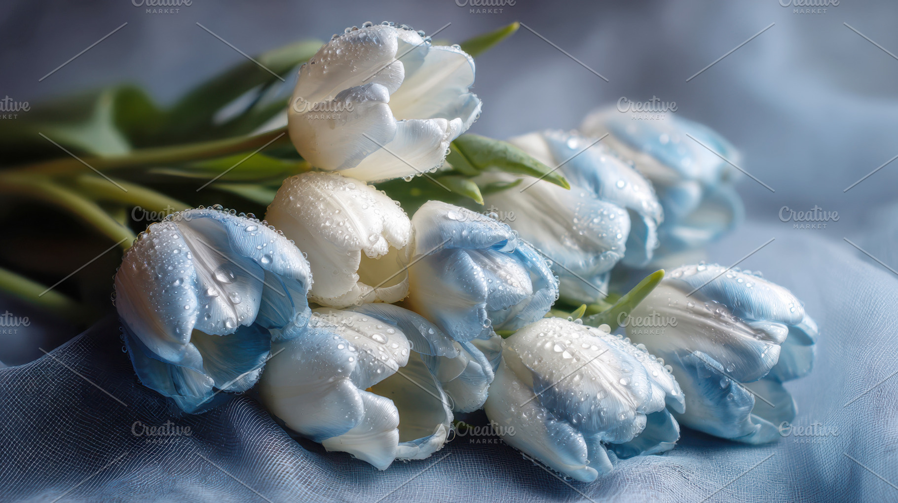 White and blue tulips on soft, a Photo by Beautiful things