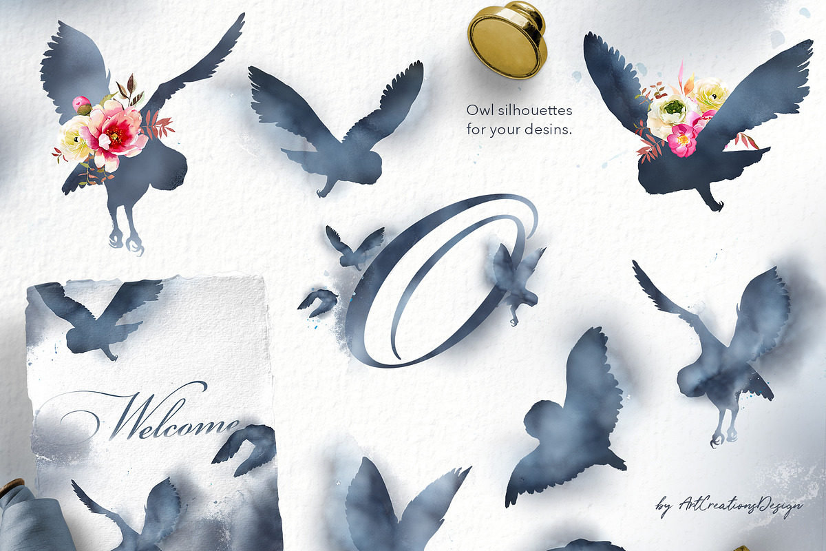 Watercolor Owl Beauty Clipart Set, an Animal Illustration by ArtCreationsDesign (Photo 3 of 11)