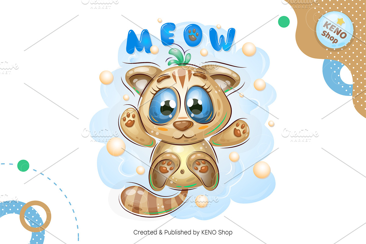 Cute kitten on a cloud. Tshirt, PNG., an Animal Illustration by KENO Mascots (Photo 2 of 4)
