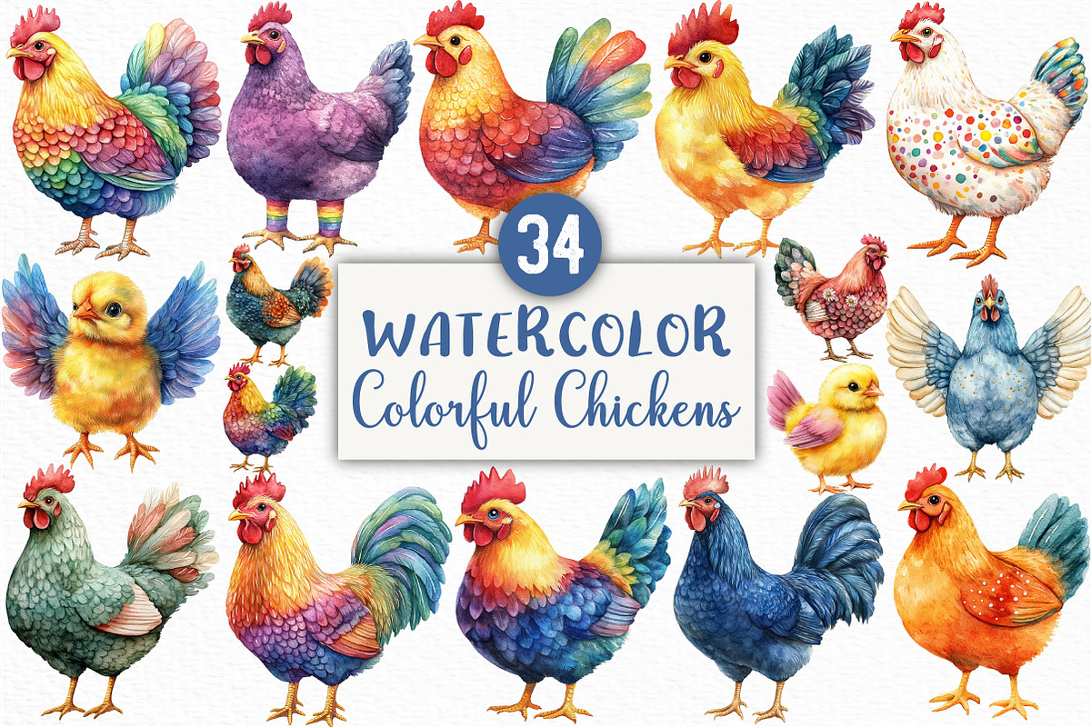 Colorful Chickens Clipart, an Illustration by Craft Nest (Photo 1 of 6)