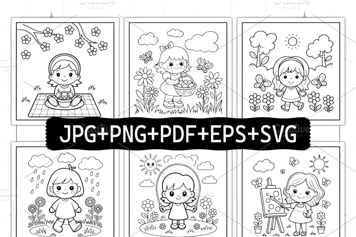 Spring Girl Activities Coloring Page, a Decorative Illustration by Ink Gallery (Photo 2 of 8)