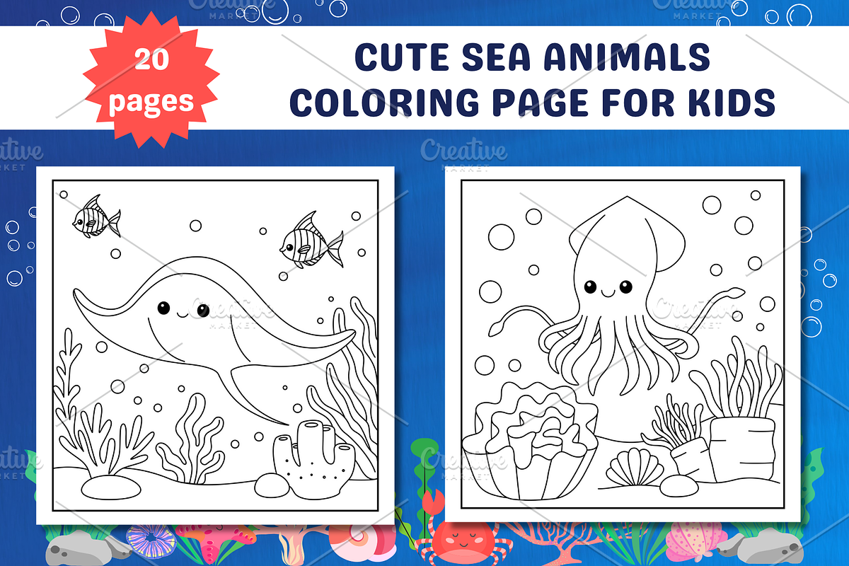 Cute Sea Animals Coloring Page, an Animal Illustration by Salaly (Photo 2 of 5)