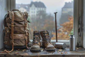 Vintage leather backpack hiking boots and trekking gear on woode, a Photo by José Manuel Gelpi
