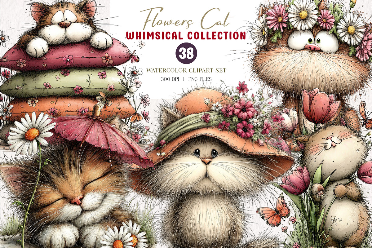 Whimsical cat pring floral clipart, an Illustration by CreationArt (Photo 1 of 7)