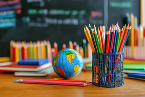 A school desk with colored pencils, a Photo by Pavel_design