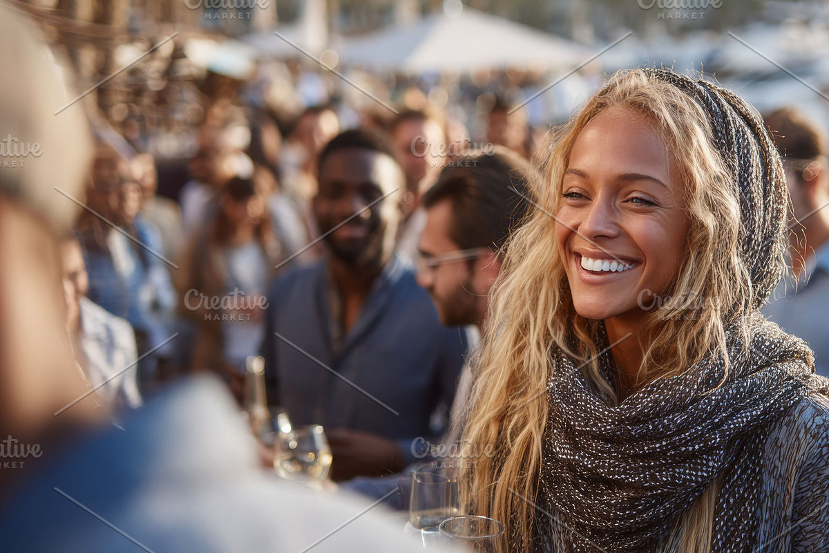 Cheerful woman enjoying a social gathering with diverse people outdoors, a Person Photo by AS photostudio (Photo 1 of 2)