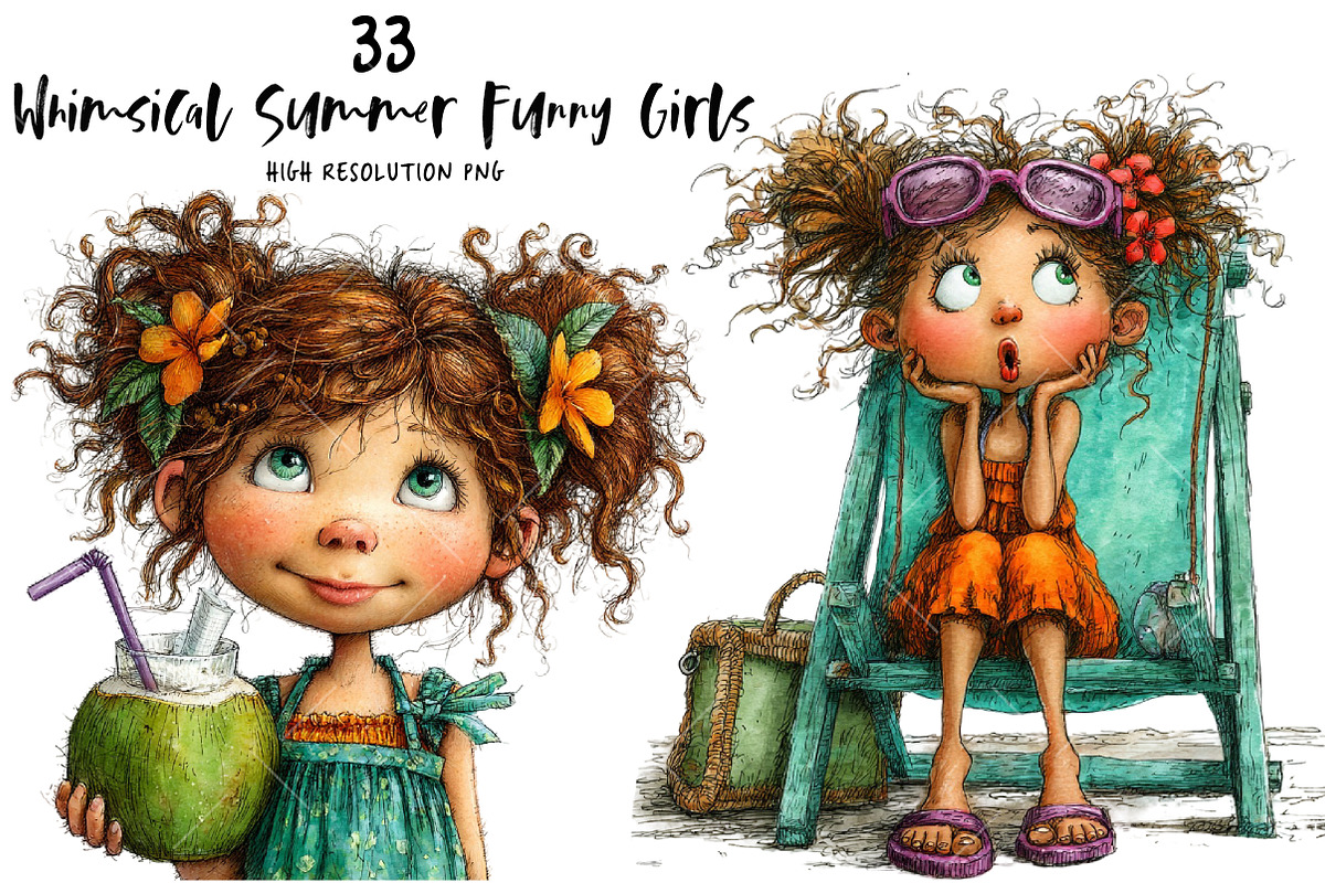 Whimsical Summer Funny Girls Clipart, an Illustration by OK Design (Photo 1 of 6)