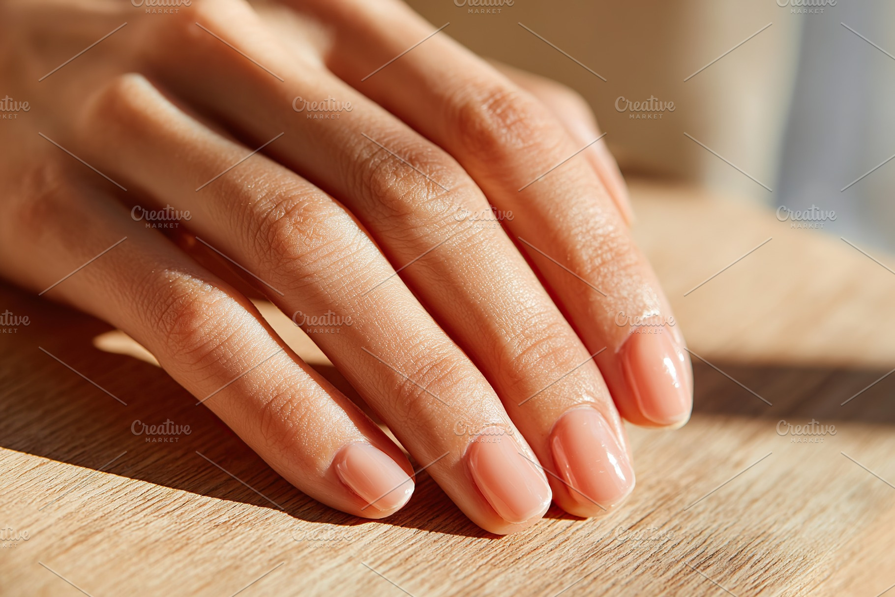 Elegant female hand with perfectly manicured nails resting on wooden surface du, a Beauty & Fashion Photo by AlyaAnd