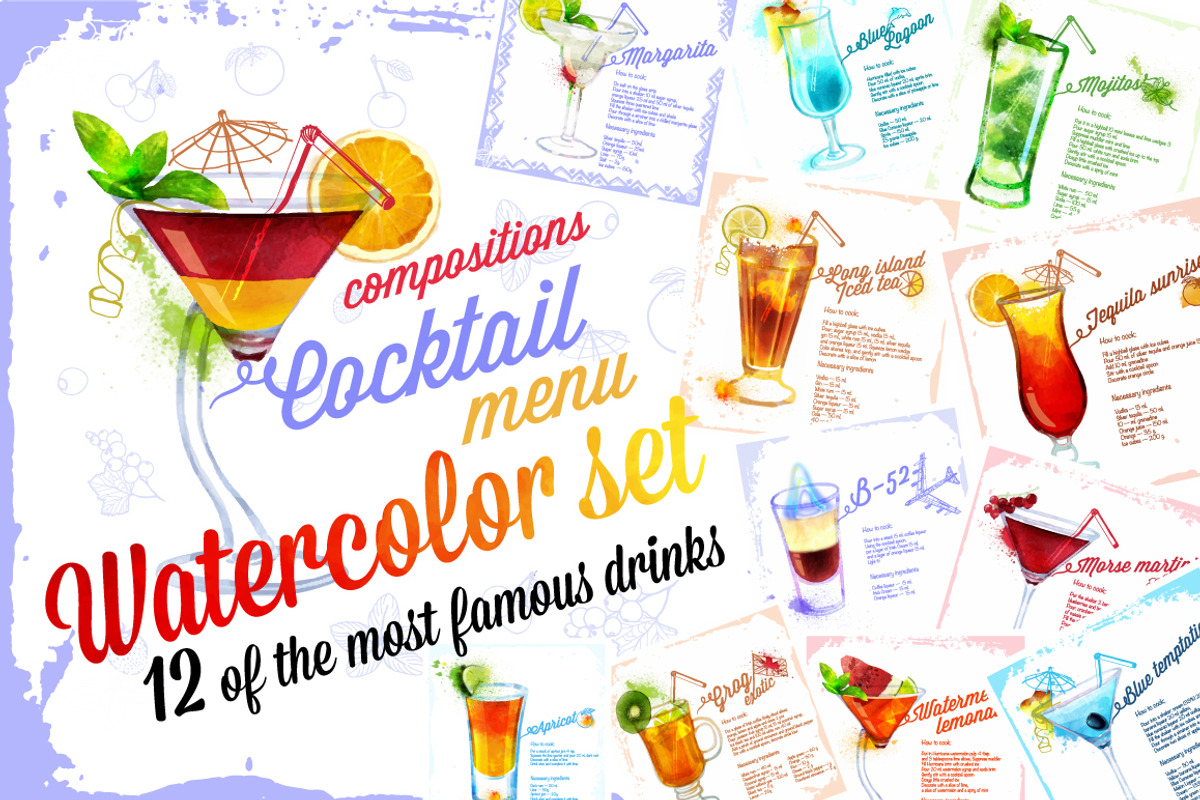 Watercolor set cocktails a cooking, a Food Illustration by Vikpit (Photo 1 of 11)