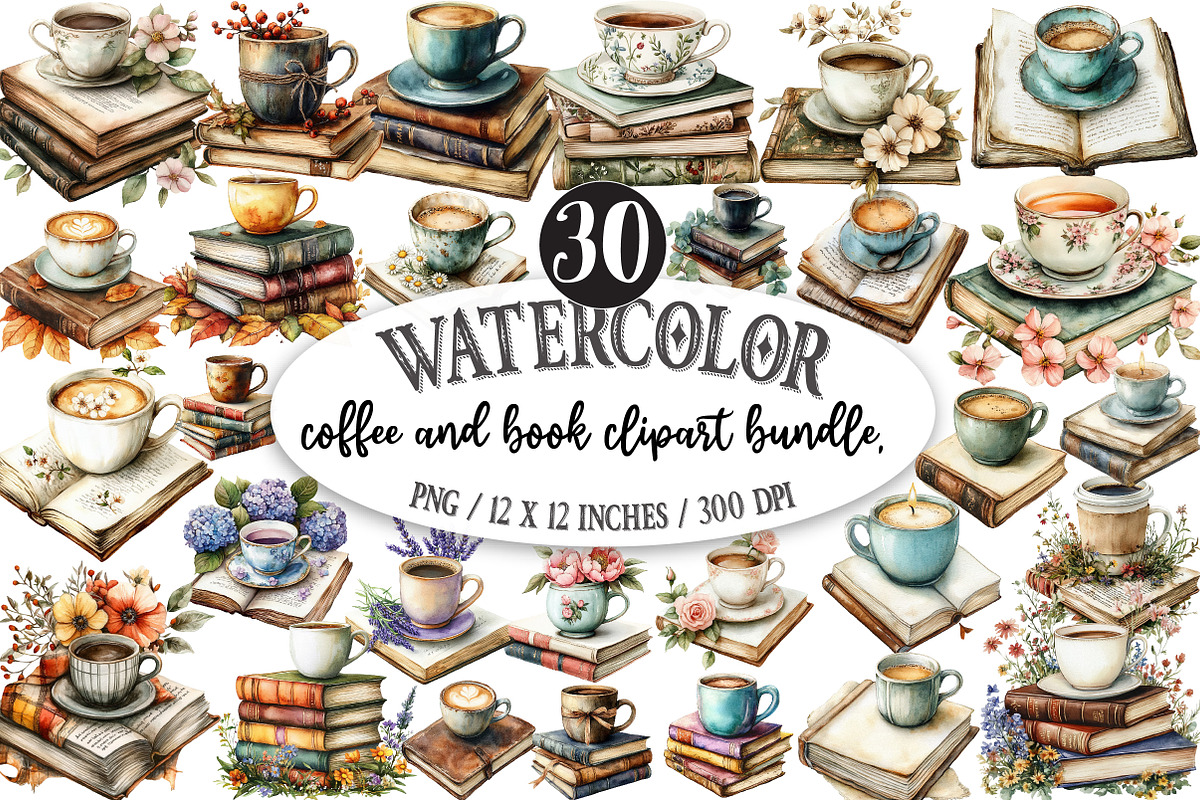 Coffee and book clipart bundle,, an Illustration by Designking (Photo 1 of 5)
