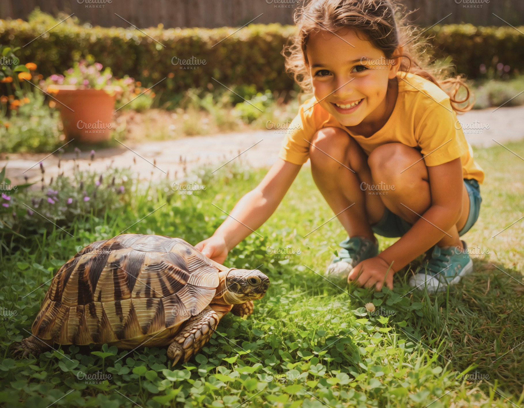 Child touching tortoise at home yard, a Person Photo by DanFLCreativo