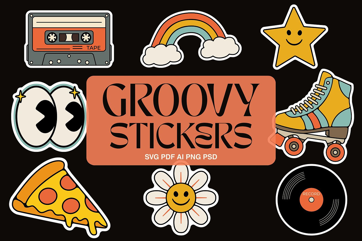 Groovy Sticker Set. Hippie Retro, an Object Graphic by JeksonGraphics (Photo 1 of 3)