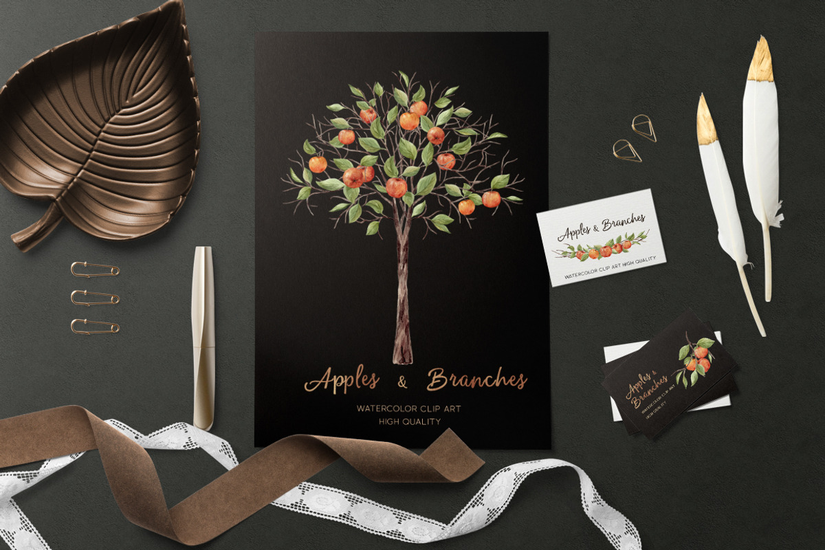 Apples and branches Watercolor set, an Illustration by NataliVA (Photo 3 of 9)