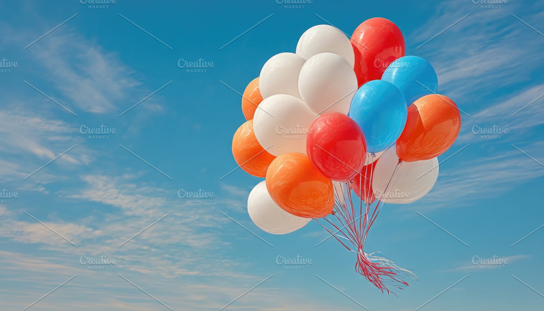 Fourth of July red white and blue balloons in summer sky, a Holiday Photo by José Manuel Gelpi