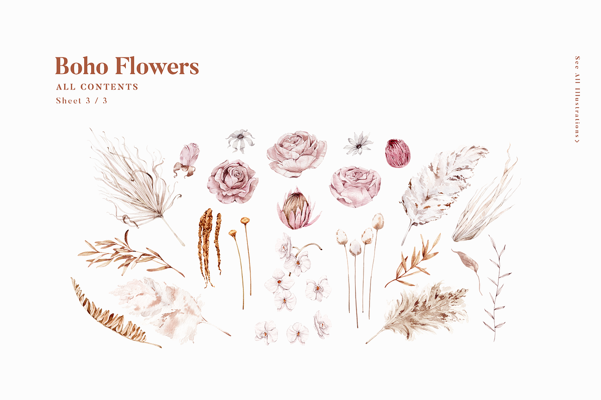 Boho Flowers Watercolour Collection, a Texture Illustration by Aquarellina (Photo 13 of 15)