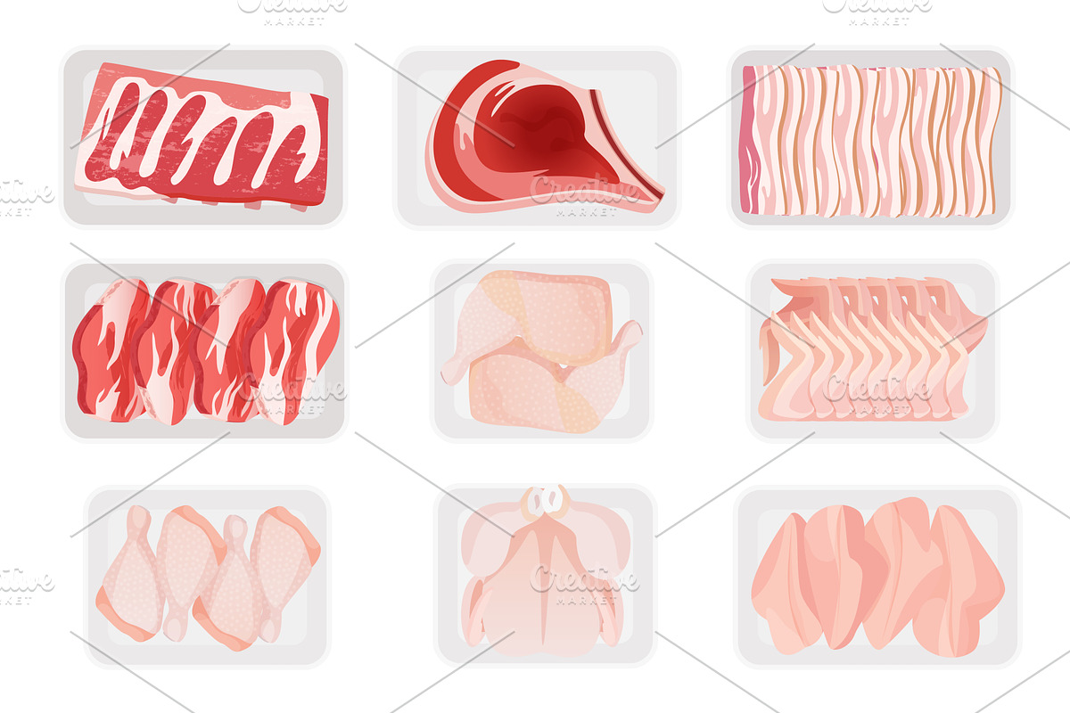 Fresh raw meat plastic containers, an Object Illustration by Lemberg Vector