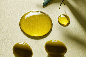 Virgin olive oil drops with fresh green olives and an olive bran, a Photo by Studio ANNA