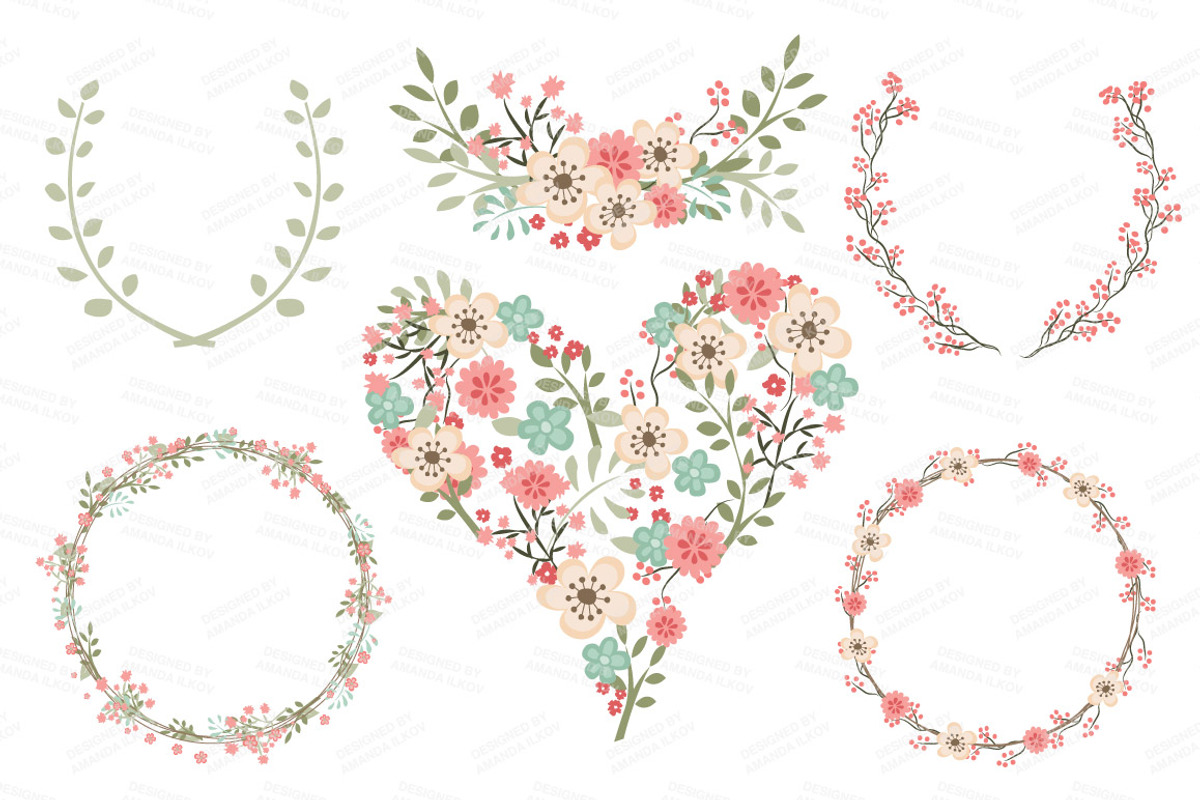 Vector Mint & Coral Vintage Flowers, an Illustration by Amanda Ilkov (Photo 3 of 4)