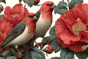 Two red and white songbirds perched on a branch surrounded by la, a Nature Photo by José Manuel Gelpi