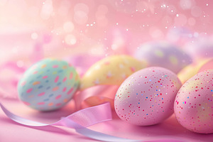 Colorful painted decorated easter eggs with ribbon on blurred pink background, a Holiday Photo by AlyaAnd