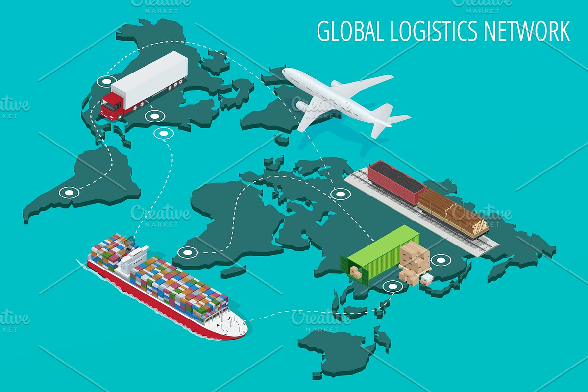 Global logistics network Flat 3d isometric vector illustration S, a ...