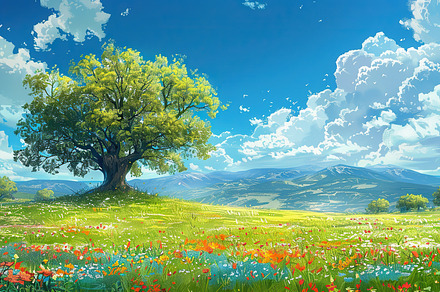 Lush green field under blue skies wi, a Photo by LOGOCREATIVE