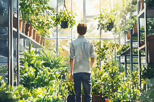 A person standing in a sunlit greenhouse surrounded by lush plants and flowers., a Technology Photo by Textures & Backgrounds