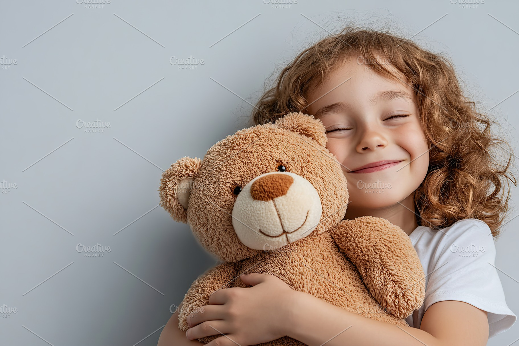 Child joyfully embraces a plush bear in a cozy indoor setting on a sunny day, a Person Photo by AlyaAnd