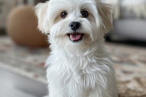 Adorable small white dog sitting on a cozy rug, showcasing a playful and cheerf, an Animal Photo by ImageMir