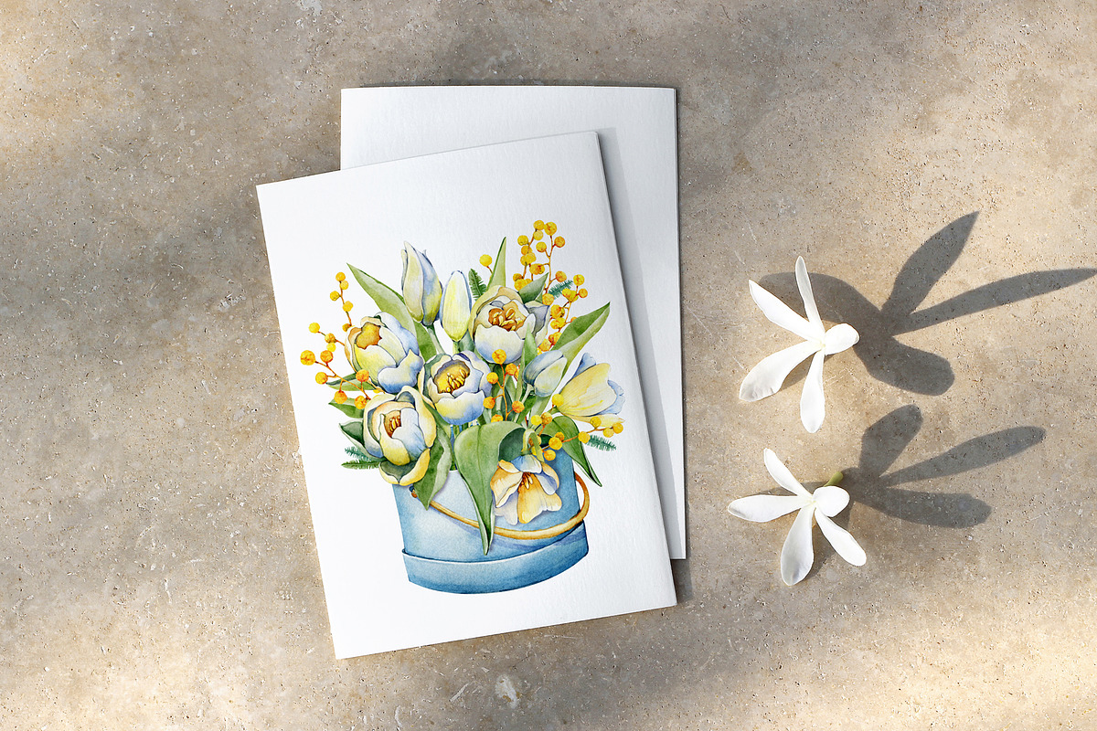 Spring tulips and mimosa, watercolor, an Illustration by Artmanata (Photo 11 of 12)