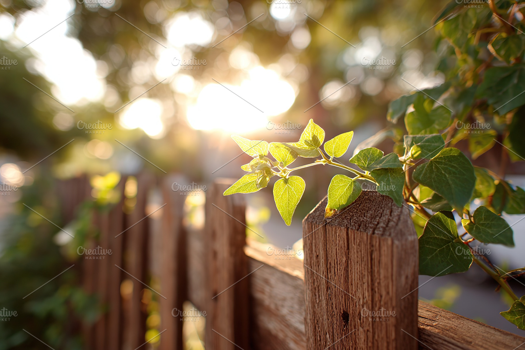 Wooden fence adorned with vibrant vines and flowers softly illuminated by sunli, a Photo by AlyaAnd