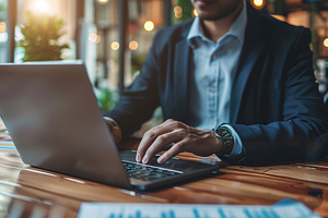 Businessman working on laptop in modern office, a Business Photo by AlyaAnd