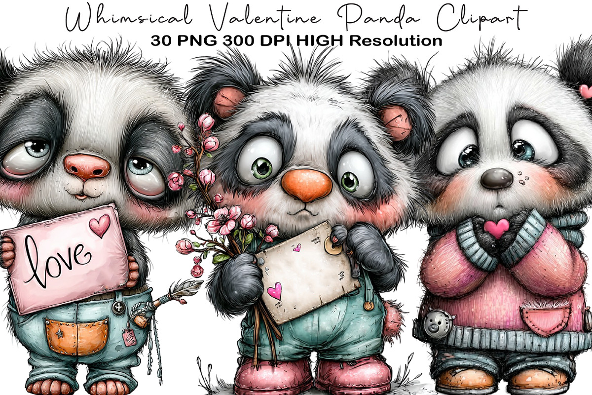 Whimsical Valentine Panda Clipart, an Animal Illustration by Black Bird Studio (Photo 1 of 6)