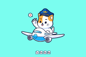 Cute Cat Pilot Riding Airplane Icon, an Animal Illustration by tkzgraphic