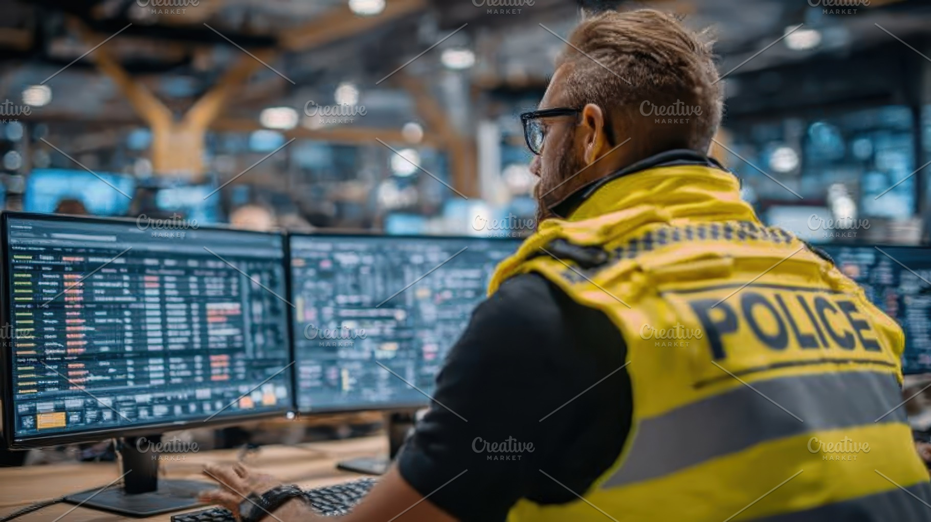 Police officer using computer analyz, a Photo by Pixeness Studio