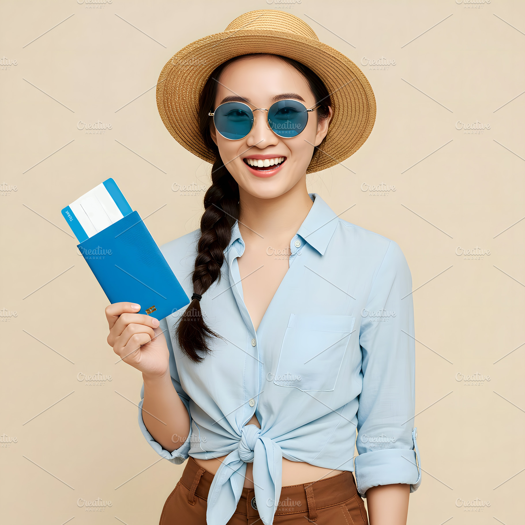 Happy Asian Woman Holding Passport a, a Transportation Photo by Stock Shape