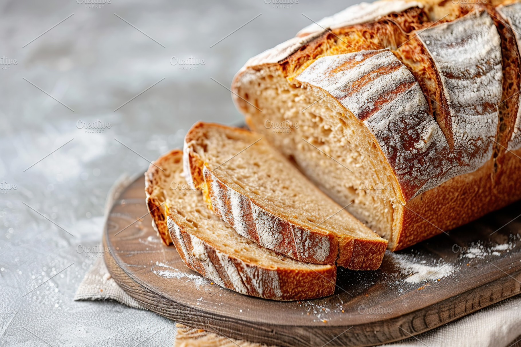 Sliced baked bread on grey background, a Food & Drink Photo by AlyaAnd